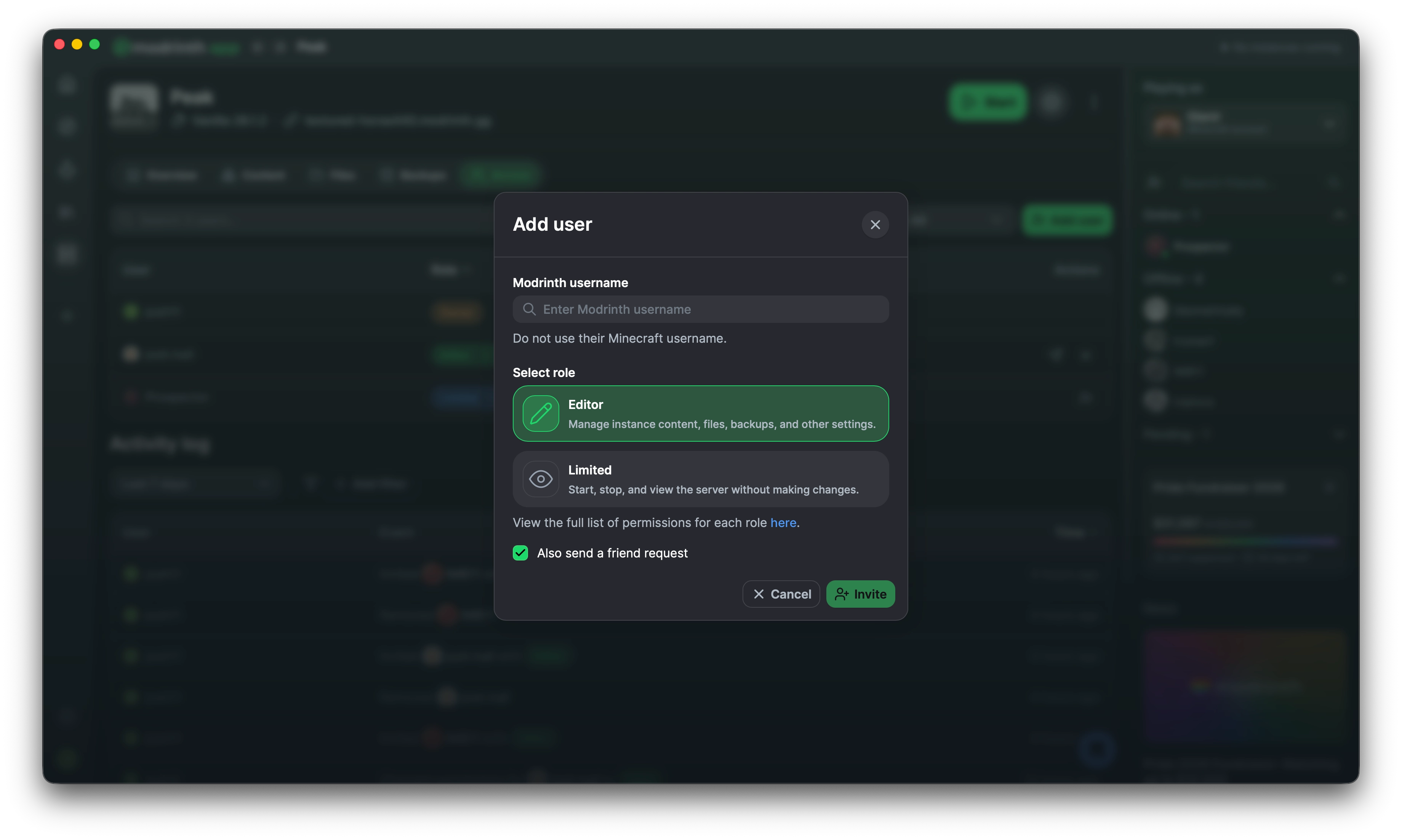 A pop-up modal for adding a user to your server. Search by Modrinth username, select their role (editor or limited), and an option to also send them a friend request.